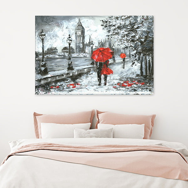 Couple Walking in London Black White And Red Big Ben Canvas Wall Art - Canvas Prints, Prints For Sale, Painting Canvas,Canvas On Sale