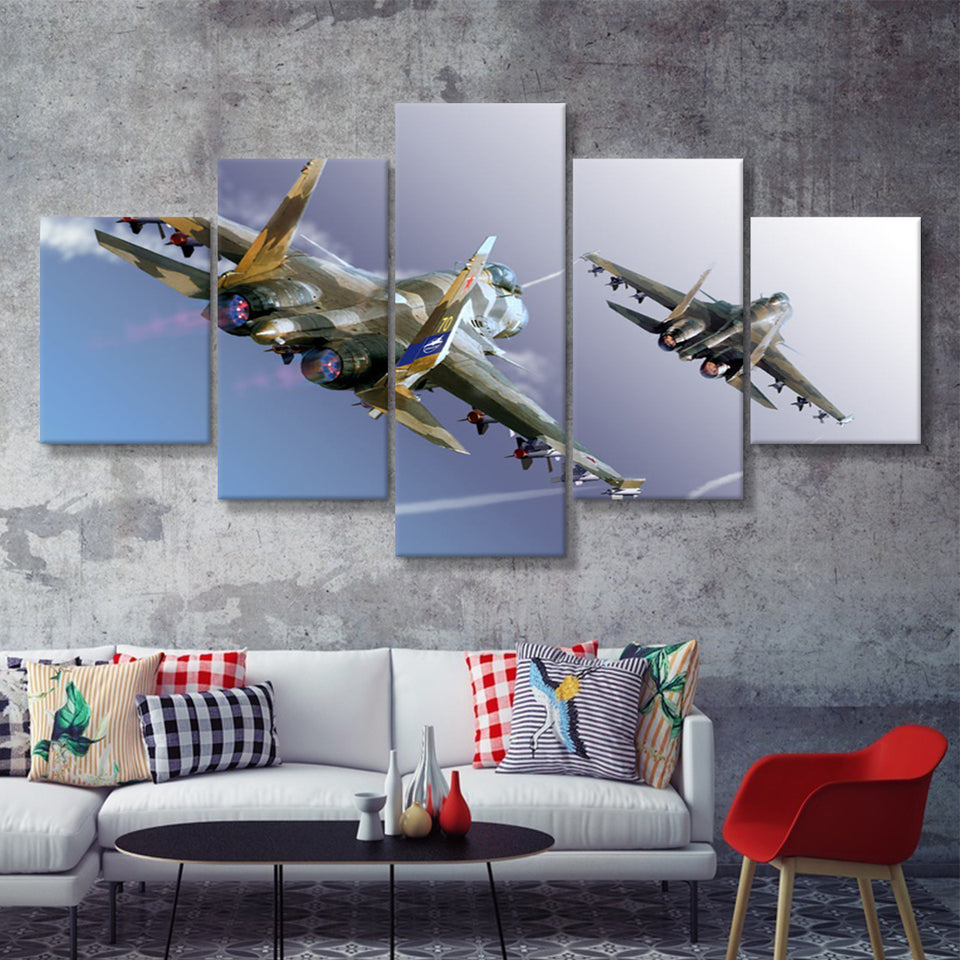Su 37 War Airplane 5 Piece Canvas Prints Wall Art Decor - Painting Canvas, Multi Panels