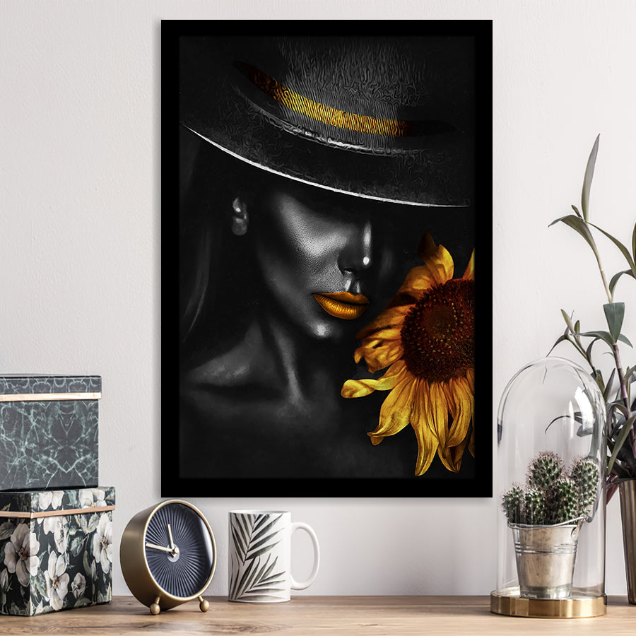 Sunflower And Black Women Golden Lips In Black Hat Framed Art Print Wall Art Decor,Framed Picture
