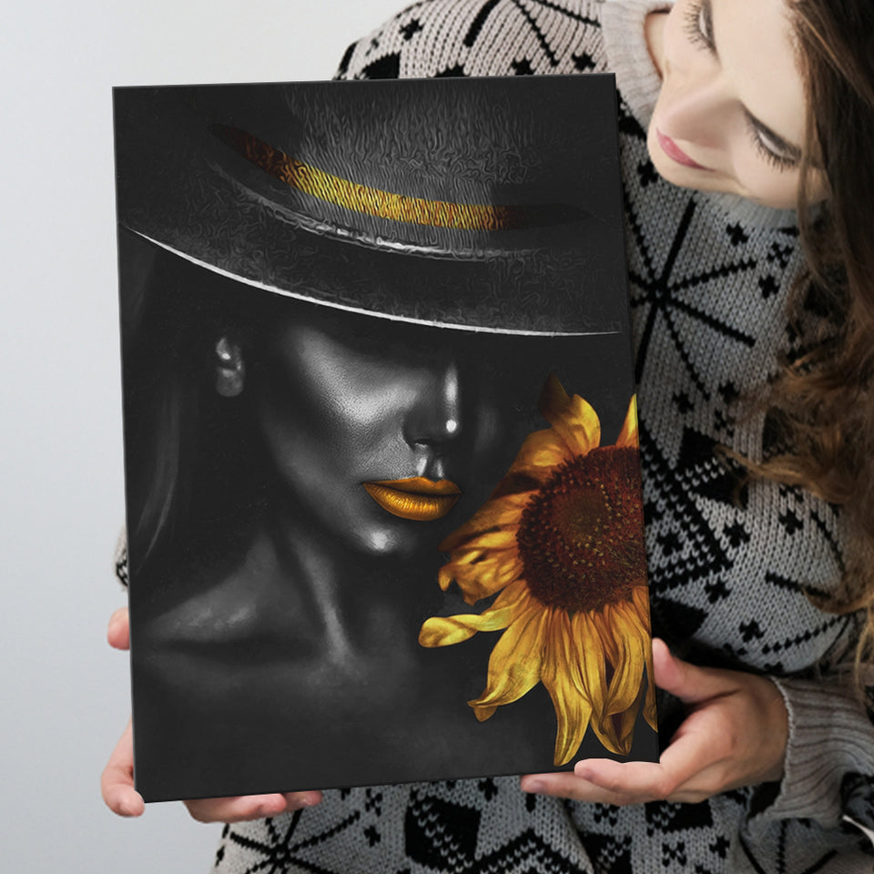 Sunflower And Black Women Golden Lips In Black Hat Canvas Prints Wall Art Home Decor