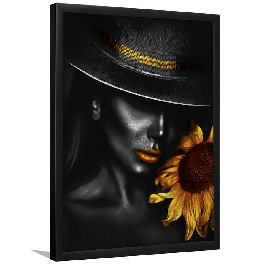 Sunflower And Black Women Golden Lips In Black Hat Framed Art Print Wall Art Decor,Framed Picture