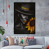 Sunflower And Black Women Golden Lips In Black Hat Framed Art Print Wall Art Decor,Framed Picture