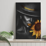 Sunflower And Black Women Golden Lips In Black Hat Canvas Prints Wall Art Home Decor