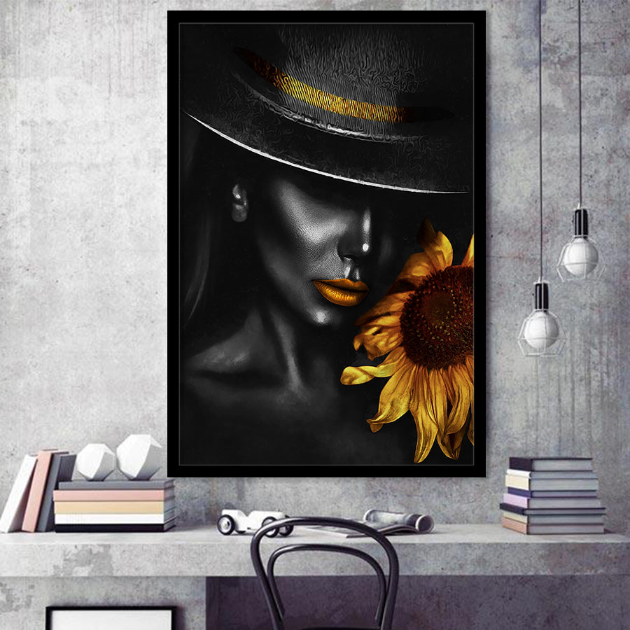 Sunflower And Black Women Golden Lips In Black Hat Framed Art Print Wall Art Decor,Framed Picture