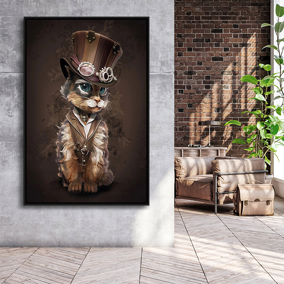 Sweet Cat In Hat, Cool Cat Art Framed Canvas Prints Wall Art Home Decor, Floating Frame
