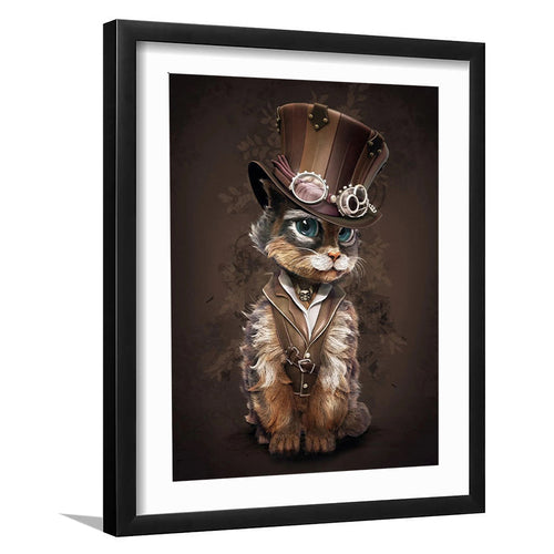 Sweet Cat In Hat, Cool Cat Art Framed Art Prints Wall Art Decor, White Border