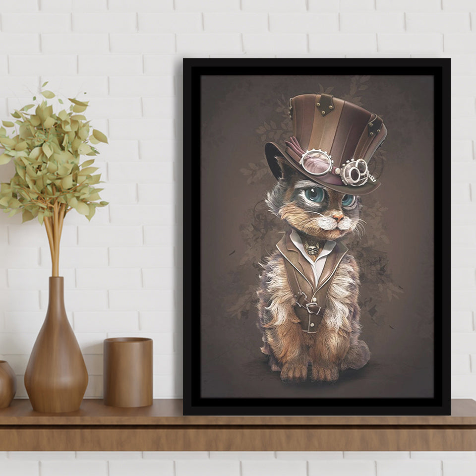 Sweet Cat In Hat, Cool Cat Art Framed Canvas Prints Wall Art Home Decor, Floating Frame
