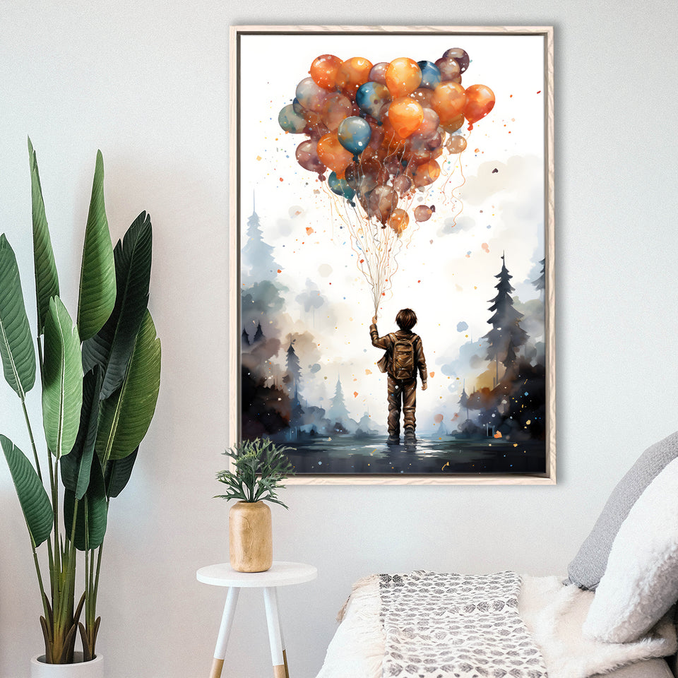 The Child Holding Bunch The Balloons Kids Art Framed Canvas Prints Wall Art Home Decor, Painting Canvas, Floating Frame