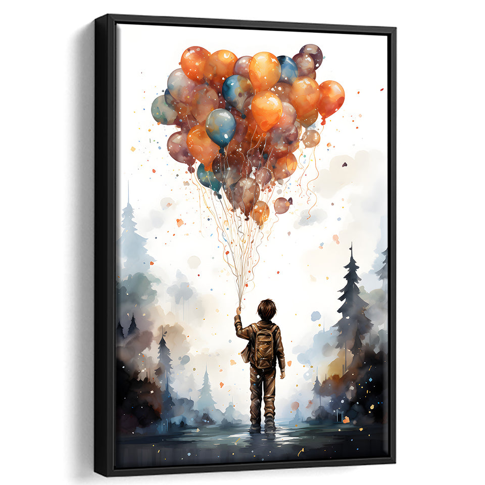 The Child Holding Bunch The Balloons Kids Art Framed Canvas Prints Wall Art Home Decor, Painting Canvas, Floating Frame