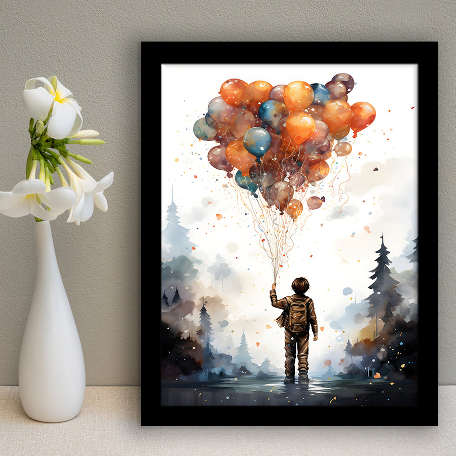 The Child Holding Bunch The Balloons Kids Art Framed Art Prints Wall Decor, Painting Art, Framed Picture
