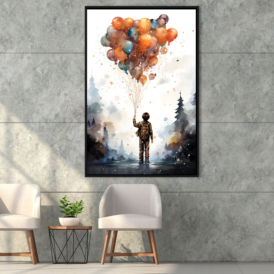 The Child Holding Bunch The Balloons Kids Art Framed Canvas Prints Wall Art Home Decor, Painting Canvas, Floating Frame