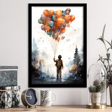The Child Holding Bunch The Balloons Kids Art Framed Art Prints Wall Decor, Painting Art, Framed Picture