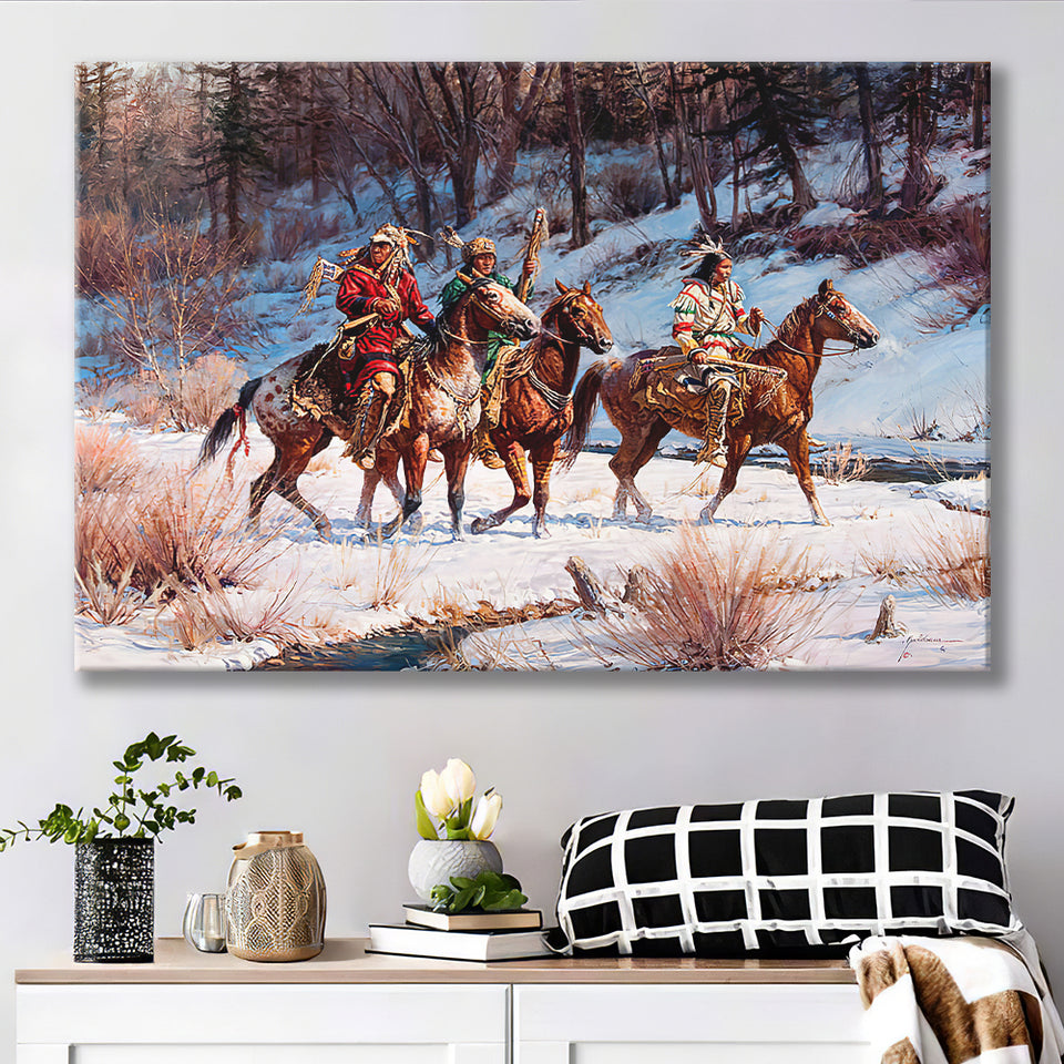 Three Native American Riding Horses Screenshot Winter Forest Canvas Prints Wall Art - Painting Canvas, Painting Prints, Home Wall Decor