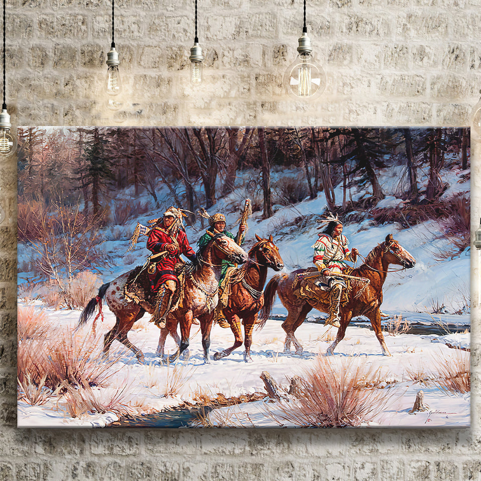 Three Native American Riding Horses Screenshot Winter Forest Canvas Prints Wall Art - Painting Canvas, Painting Prints, Home Wall Decor