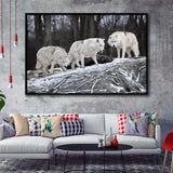 Three Wolf Print Gray Color Framed Canvas Prints Wall Art Home Decor - Painting Canvas, Black Frame, Framed Picture