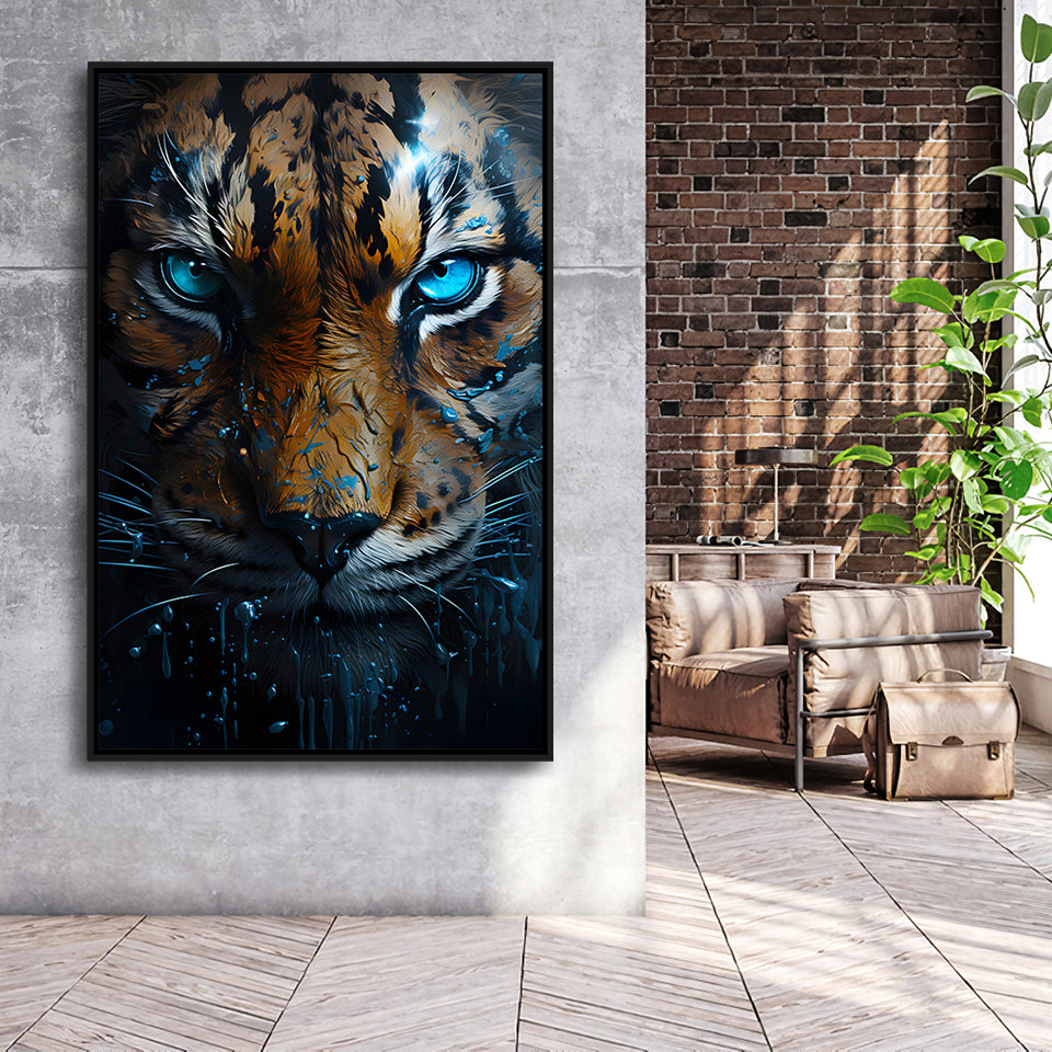 Tiger Head With Blue Eye Framed Canvas Prints Wall Art Home Decor, Painting Canvas, Floating Frame