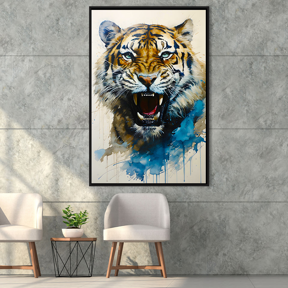 Tiger Roar Portrait Watercolor Painting Framed Canvas Prints Wall Art Home Decor, Painting Canvas, Floating Frame
