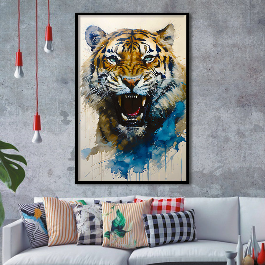 Tiger Roar Portrait Watercolor Painting Framed Art Prints Wall Decor, Painting Art, Framed Picture