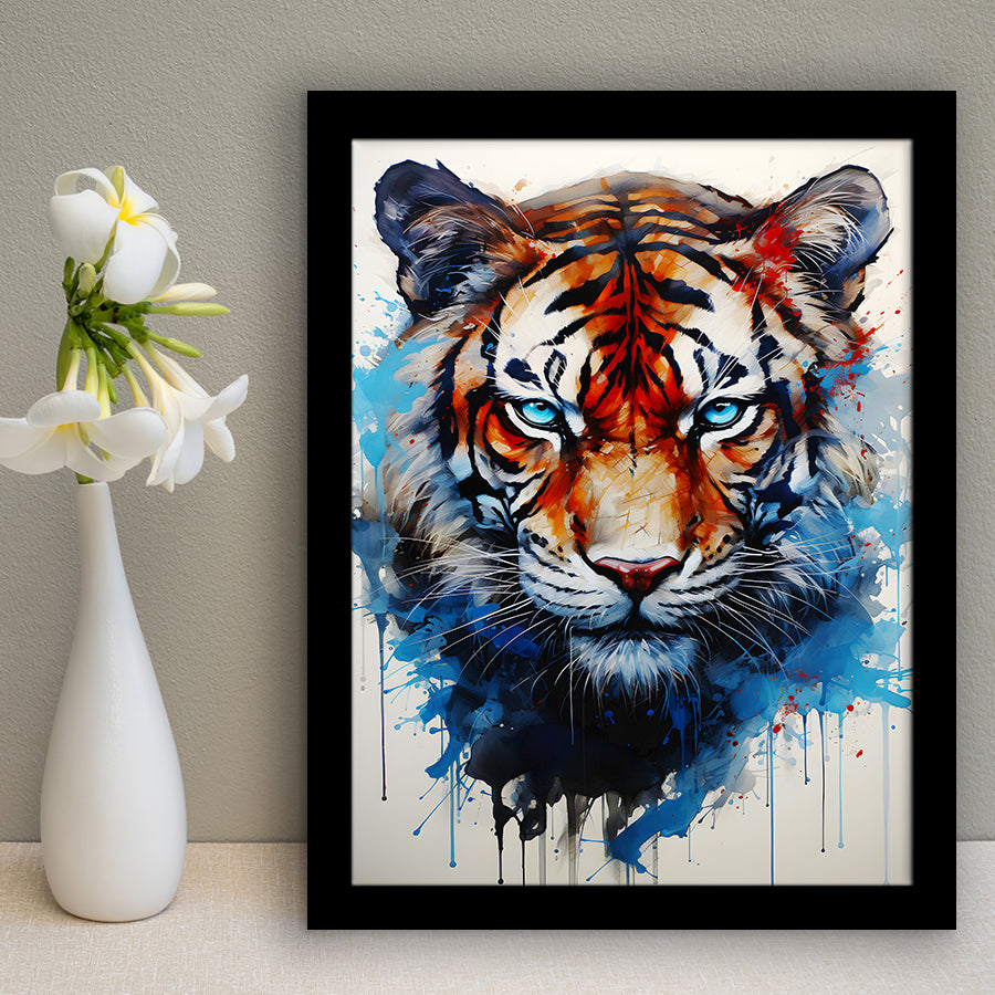 Tiger With Blue Eyes Portrait Water Color Painting Framed Art Prints Wall Decor, Painting Art, Framed Picture
