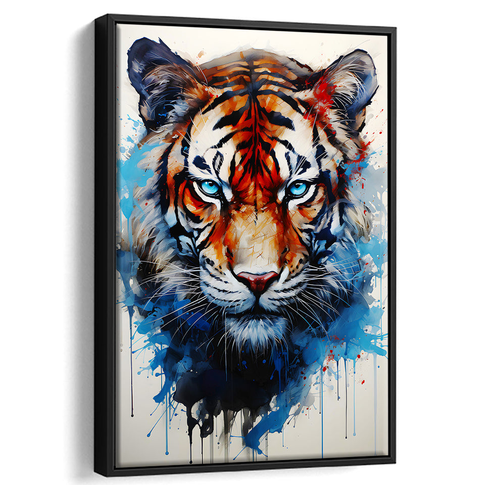 Tiger With Blue Eyes Portrait Water Color Painting Framed Canvas Prints Wall Art Home Decor, Painting Canvas, Floating Frame