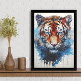 Tiger With Blue Eyes Portrait Water Color Painting Framed Canvas Prints Wall Art Home Decor, Painting Canvas, Floating Frame