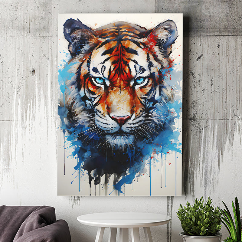 Tiger With Blue Eyes Portrait Water Color Painting Canvas Prints Wall Art Home Decor, Painting Canvas, Living Room Wall Decor