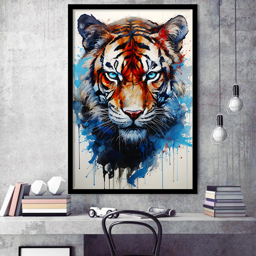 Tiger With Blue Eyes Portrait Water Color Painting Framed Art Prints Wall Decor, Painting Art, Framed Picture
