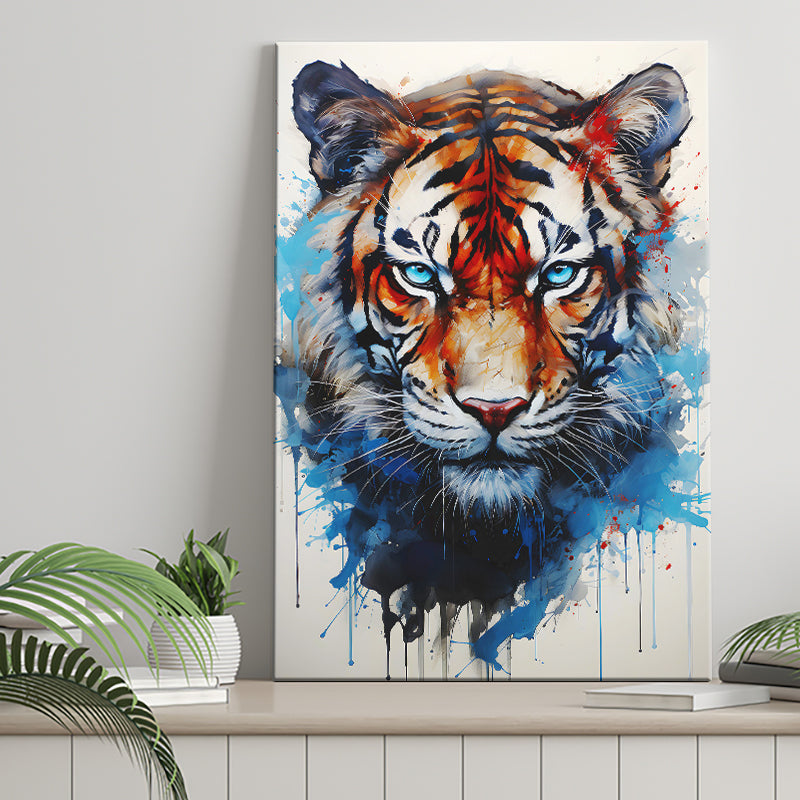 Tiger With Blue Eyes Portrait Water Color Painting Canvas Prints Wall Art Home Decor, Painting Canvas, Living Room Wall Decor
