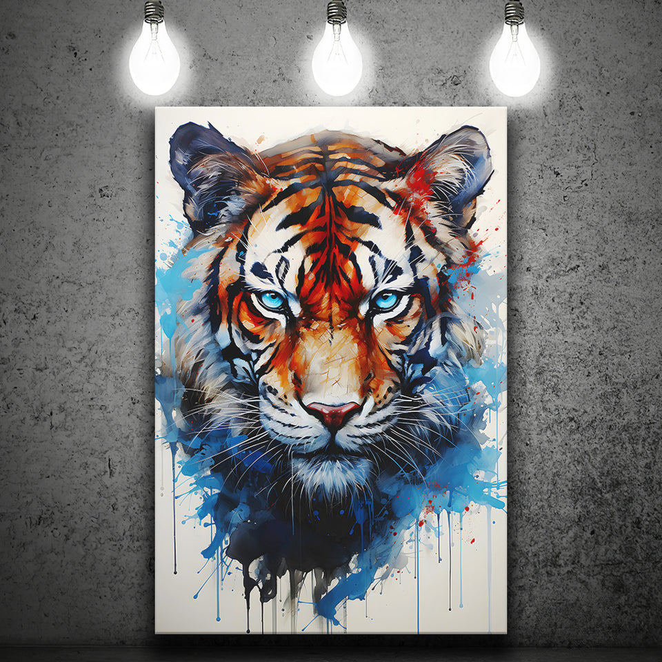 Tiger With Blue Eyes Portrait Water Color Painting Canvas Prints Wall Art Home Decor, Painting Canvas, Living Room Wall Decor