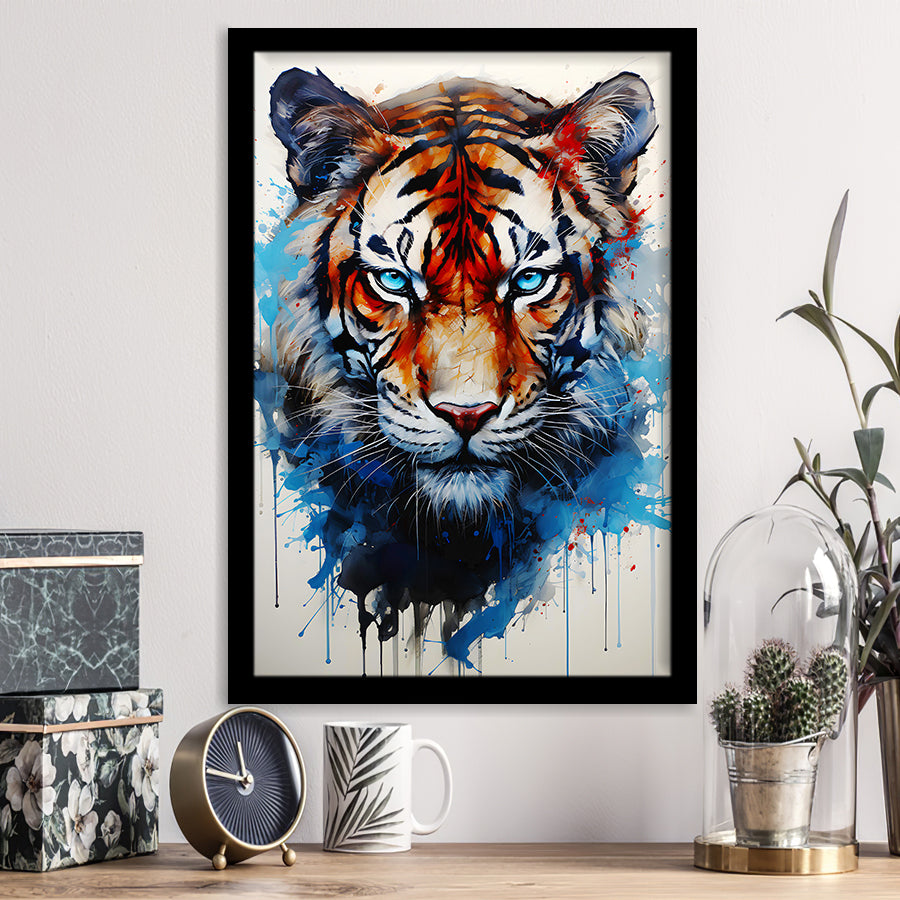 Tiger With Blue Eyes Portrait Water Color Painting Framed Art Prints Wall Decor, Painting Art, Framed Picture