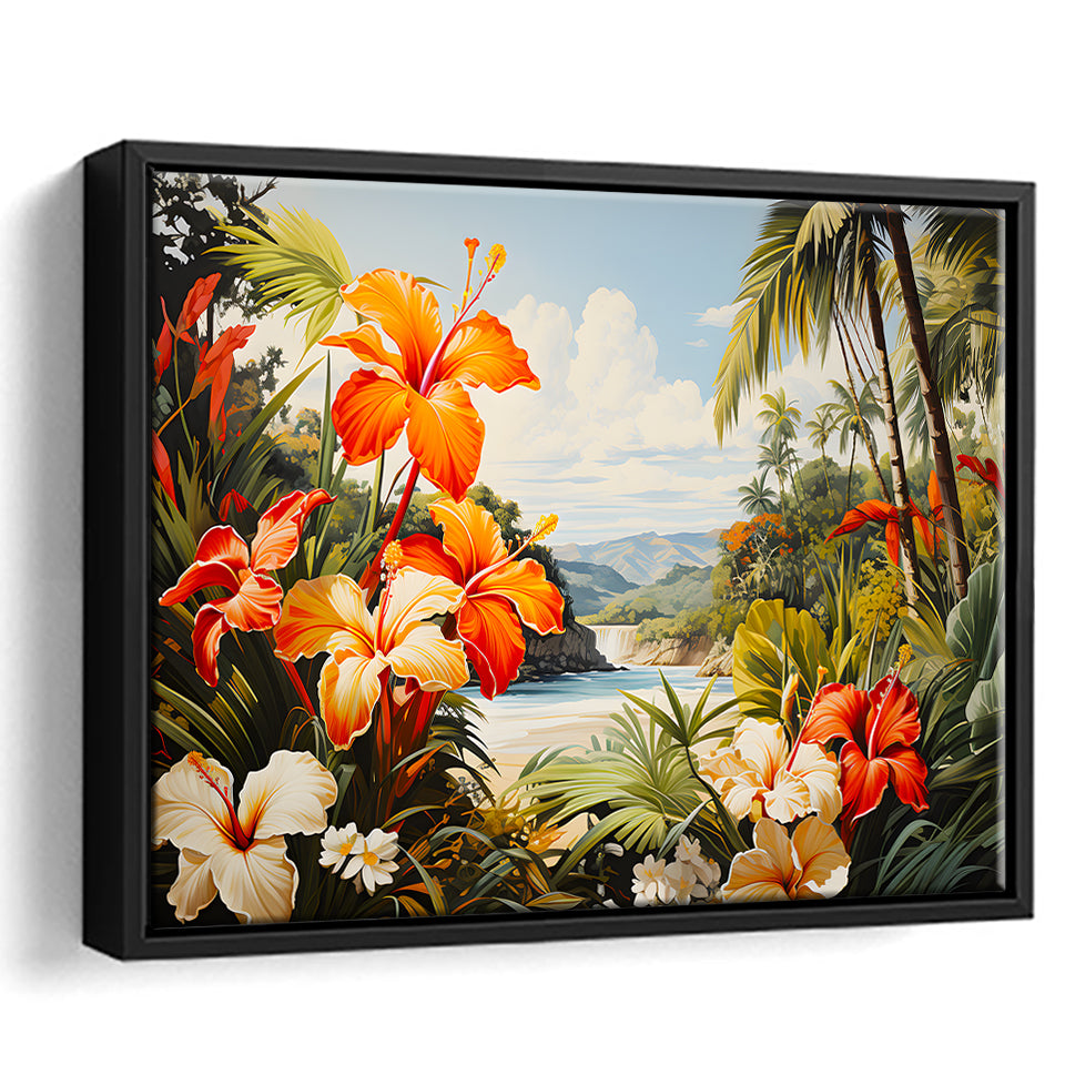 Tropical Leaves Palm Tree Paradise Flower Summer Decor Framed Canvas Prints Wall Art Home Decor, Floating Frame