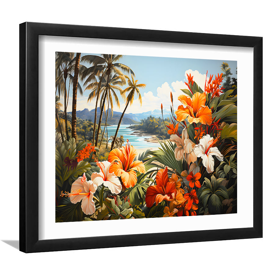 Tropical Leaves Palm Tree Paradise Flower Summer Decor V1 Framed Art Prints Wall Art Home Decor, Painting Art, White Border