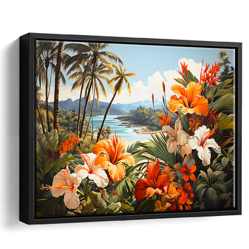 Tropical Leaves Palm Tree Paradise Flower Summer Decor V1 Framed Canvas Prints Wall Art Home Decor, Floating Frame