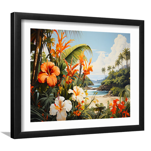 Tropical Leaves Palm Tree Paradise Flower Summer Decor V2 Framed Art Prints Wall Art Home Decor, Painting Art, White Border
