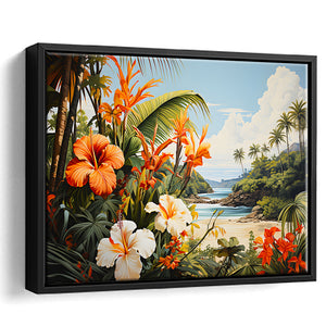 Tropical Leaves Palm Tree Paradise Flower Summer Decor V2 Framed Canvas Prints Wall Art Home Decor, Floating Frame