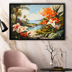 Tropical Leaves Palm Tree Paradise Flower Summer Decor V3 Framed Canvas Prints Wall Art Home Decor, Floating Frame