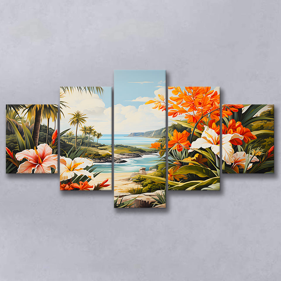 Tropical Leaves Palm Tree Paradise Flower Summer Decor V3 5 Panels Canvas Prints Wall Art Home Decor, Large Mixed Canvas