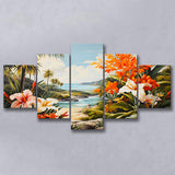 Tropical Leaves Palm Tree Paradise Flower Summer Decor V3 5 Panels Canvas Prints Wall Art Home Decor, Large Mixed Canvas