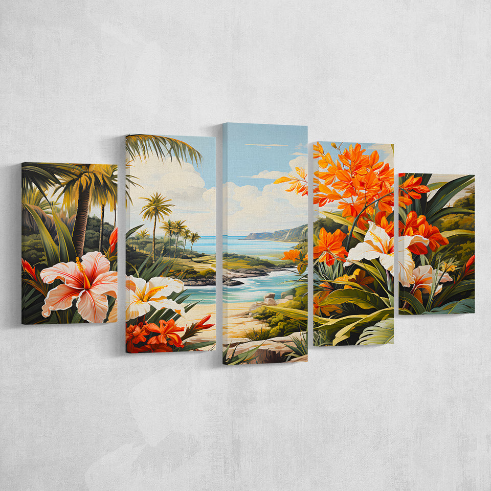 Tropical Leaves Palm Tree Paradise Flower Summer Decor V3 5 Panels Canvas Prints Wall Art Home Decor, Large Mixed Canvas