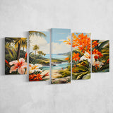 Tropical Leaves Palm Tree Paradise Flower Summer Decor V3 5 Panels Canvas Prints Wall Art Home Decor, Large Mixed Canvas