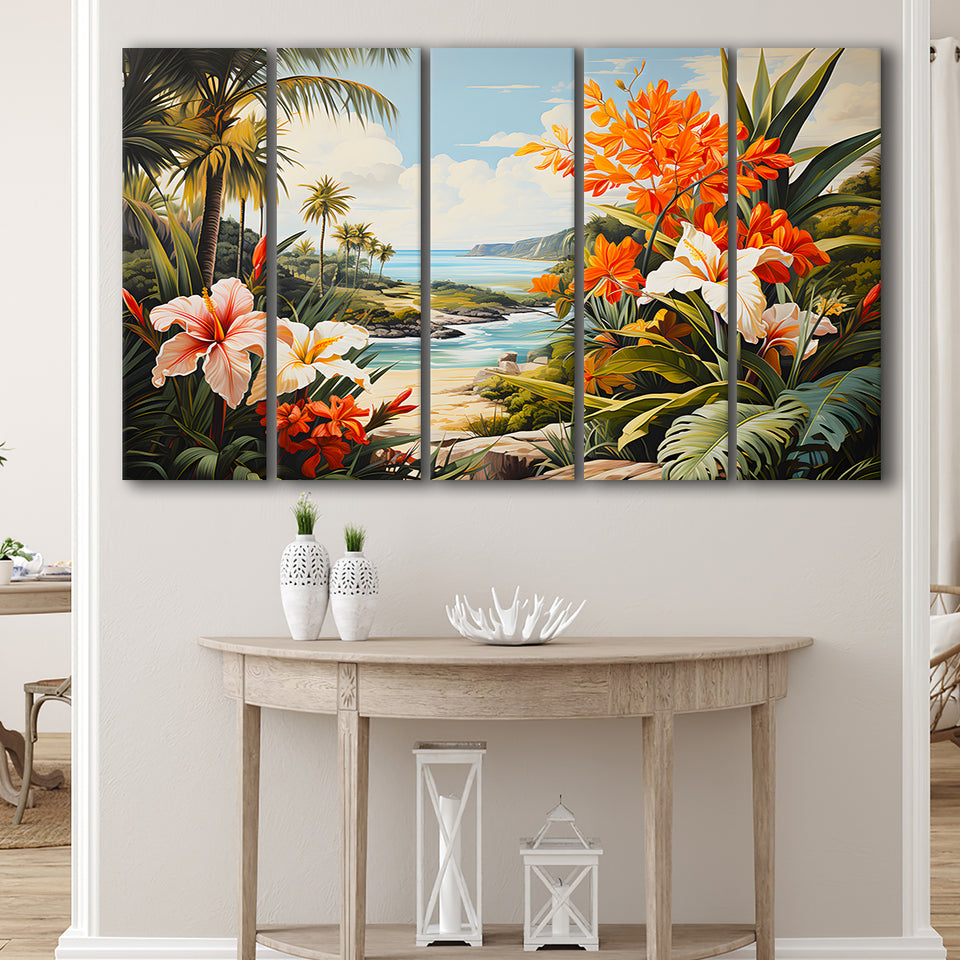 Tropical Leaves Palm Tree Paradise Flower Summer Decor V3 5 Panels B Canvas Prints Wall Art Home Decor, Extra Large Canvas