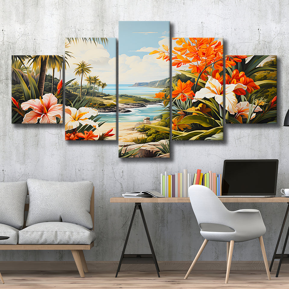 Tropical Leaves Palm Tree Paradise Flower Summer Decor V3 5 Panels Canvas Prints Wall Art Home Decor, Large Mixed Canvas
