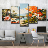 Tropical Leaves Palm Tree Paradise Flower Summer Decor V3 5 Panels Canvas Prints Wall Art Home Decor, Large Mixed Canvas