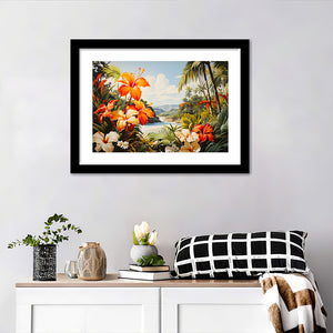 Tropical Leaves Palm Tree Paradise Flower Summer Decor Framed Art Prints Wall Art Home Decor, Painting Art, White Border