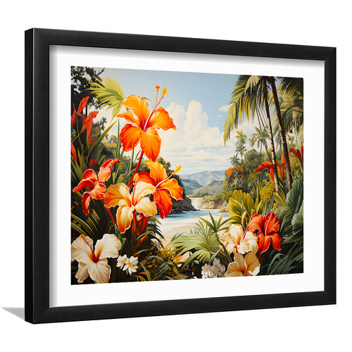 Tropical Leaves Palm Tree Paradise Flower Summer Decor Framed Art Prints Wall Art Home Decor, Painting Art, White Border