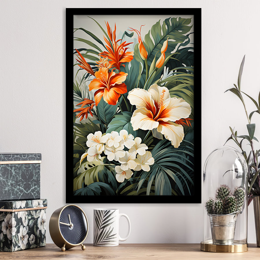 Tropical Palm Tree And Flowers Art Framed Art Prints Wall Decor, Painting Art, Framed Picture