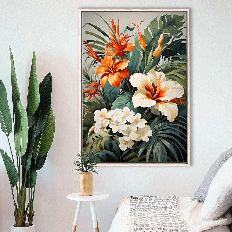 Tropical Palm Tree And Flowers Art Framed Canvas Prints Wall Art Home Decor, Painting Canvas, Floating Frame
