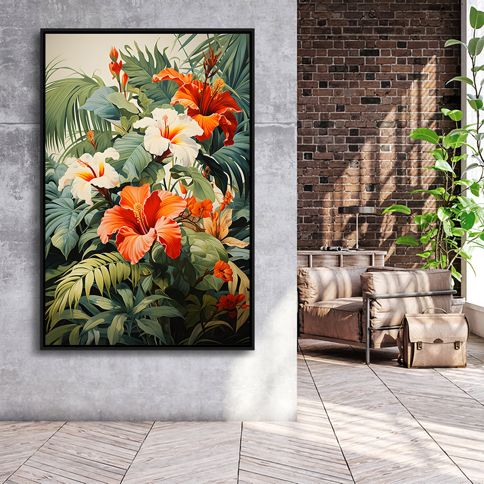 Tropical Palm Tree And Flowers Art V1 Summer Decor Framed Canvas Prints Wall Art Home Decor, Painting Canvas, Floating Frame