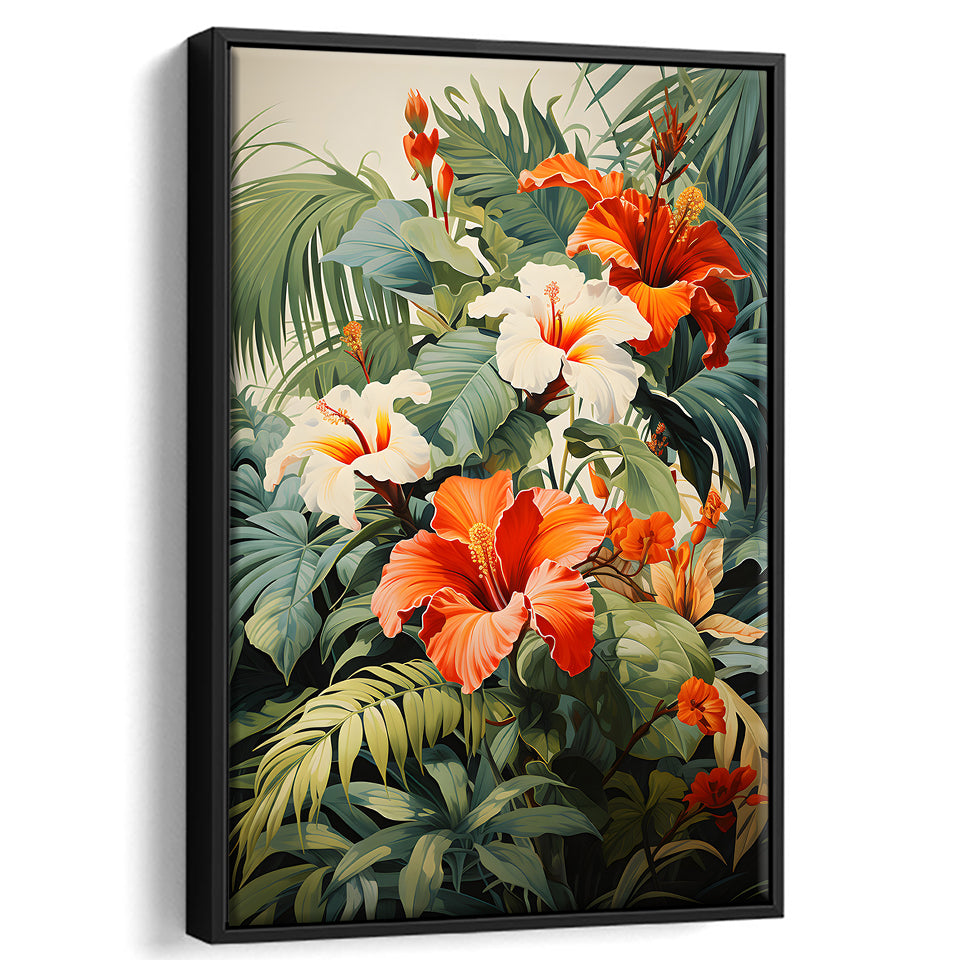 Tropical Palm Tree And Flowers Art V1 Summer Decor Framed Canvas Prints Wall Art Home Decor, Painting Canvas, Floating Frame