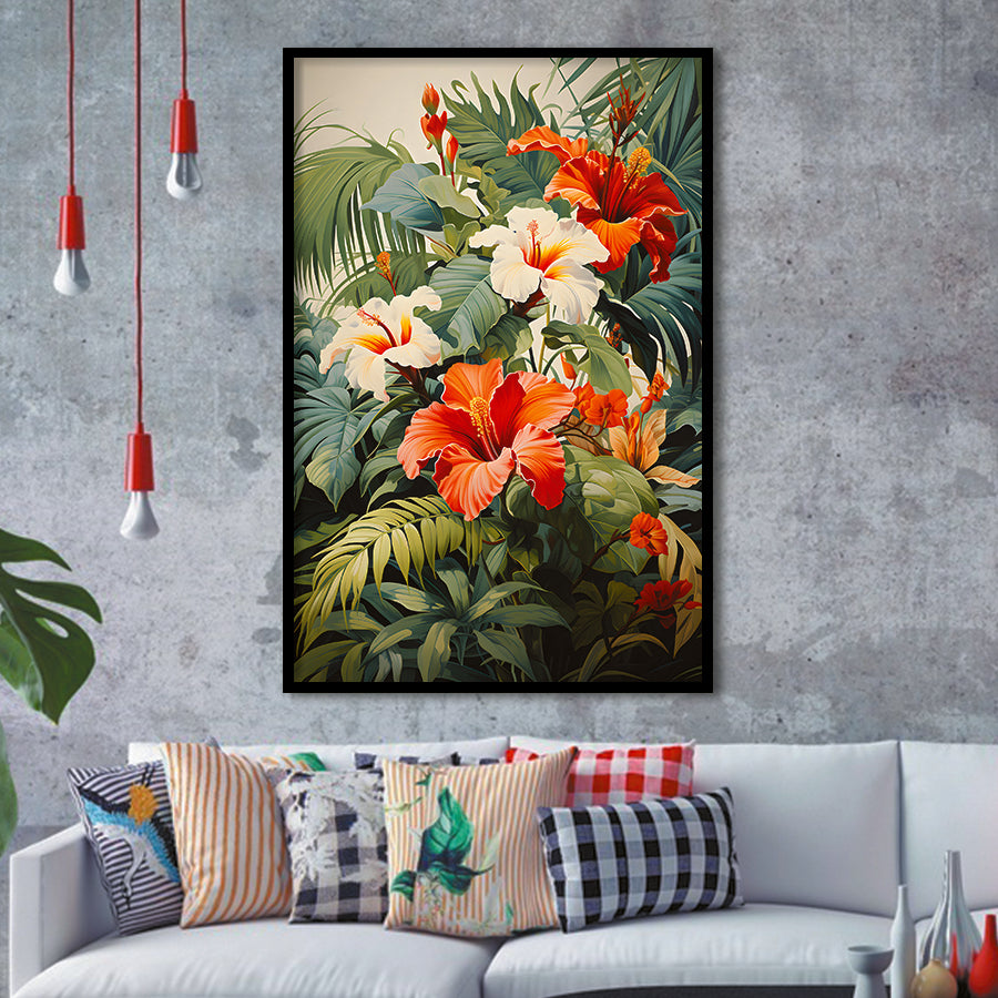 Tropical Palm Tree And Flowers Art V1 Summer Decor Framed Art Prints Wall Decor, Painting Art, Framed Picture